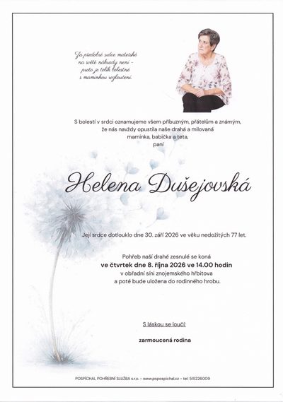 Smuteční oznámení – Helena Dušejovská