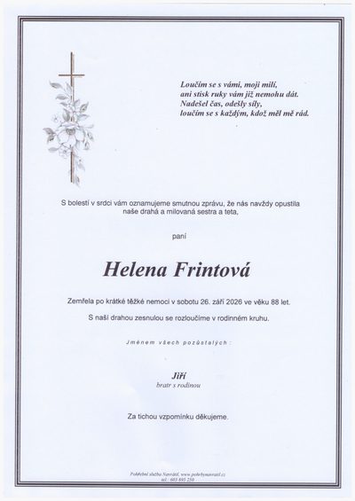 Smuteční oznámení – Helena Frintová
