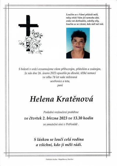 Smuteční oznámení – Helena Kratěnová