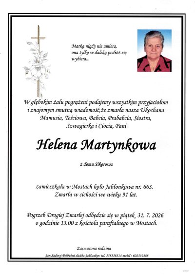 Smuteční oznámení – Helena Martynkowa