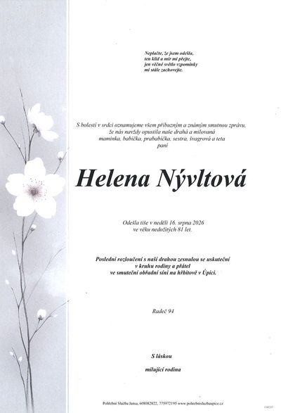 Smuteční oznámení – Helena Nývltová