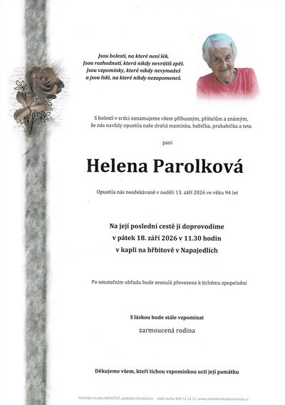 Smuteční oznámení – Helena Parolková