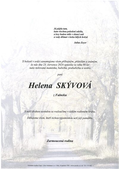 Smuteční oznámení – Helena Skývová