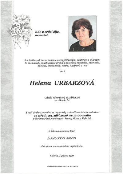 Smuteční oznámení – Helena Urbarzová