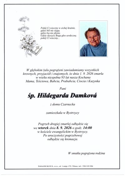 Smuteční oznámení – Hildegarda Damková