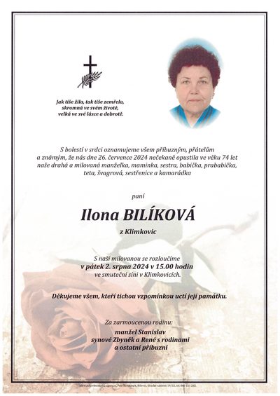 Smuteční oznámení – Ilona Bilíková