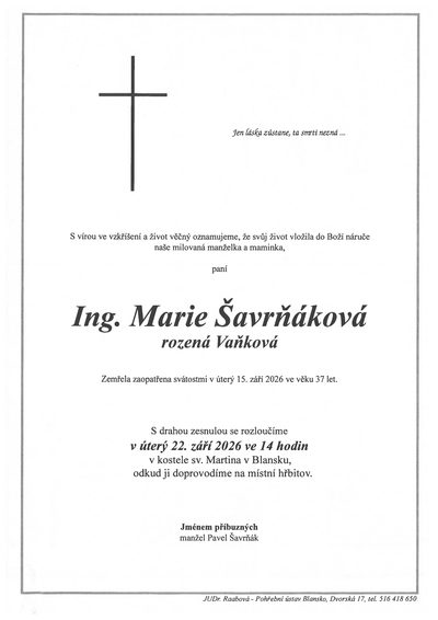 Smuteční oznámení – Ing. Marie