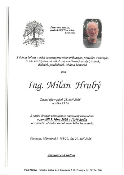 Smuteční oznámení – Ing. Milan Hrubý