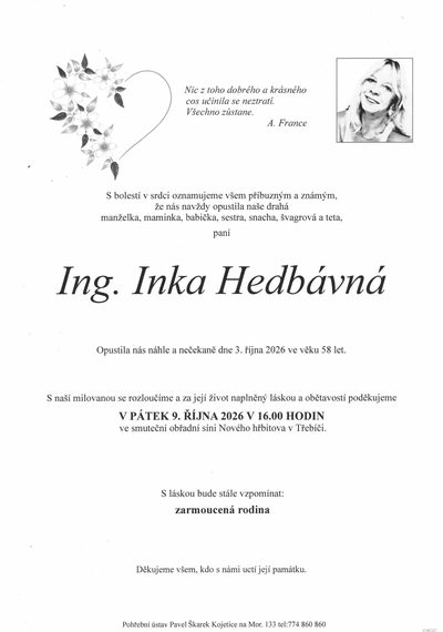 Smuteční oznámení – Ing. Inka Hedbávná