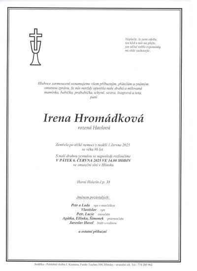 Smuteční oznámení – Irena Hromádková