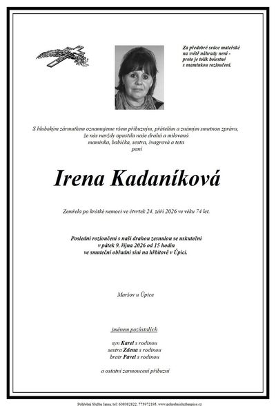 Smuteční oznámení – Irena kadaníková