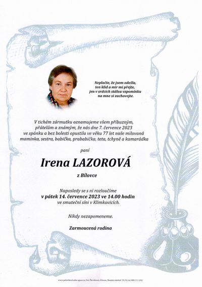Smuteční oznámení – Irena Lazorová