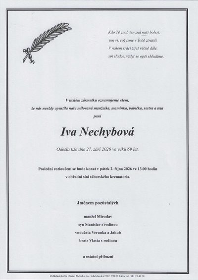 Smuteční oznámení – Iva Nechybová