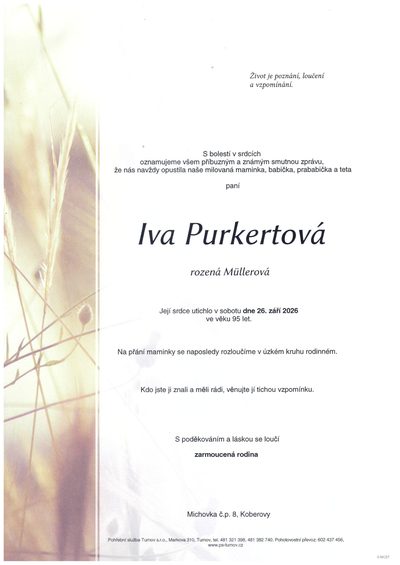 Smuteční oznámení – Iva Purkertová