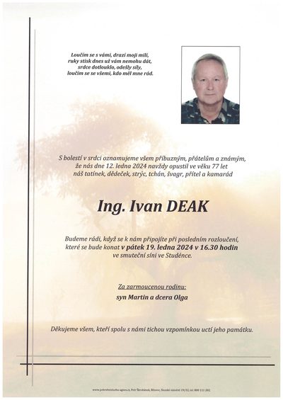 Smuteční oznámení – Ing. Ivan Deak