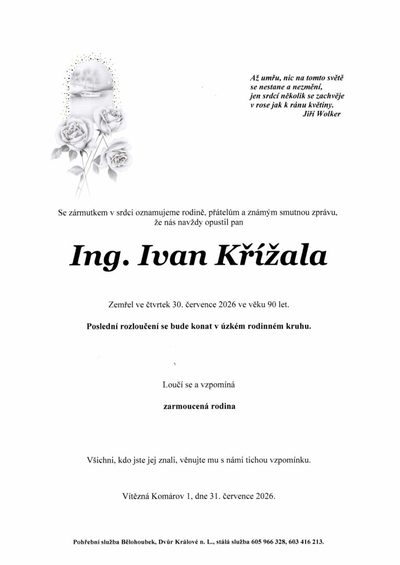 Smuteční oznámení – Ing Ivan Krizala