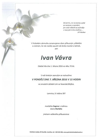 Smuteční oznámení – Ivan Vávra