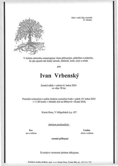 Smuteční oznámení – Ivan Vrbensky