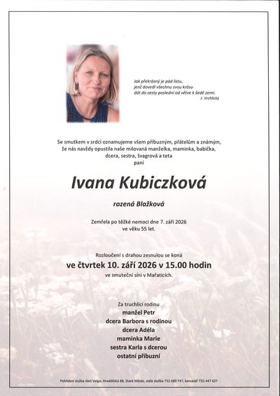 Smuteční oznámení – Ivana Kubiczkova