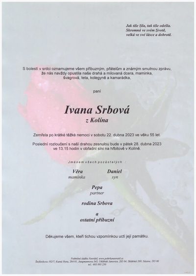 Smuteční oznámení – Ivana Srbová