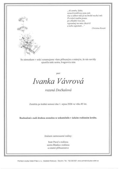 Smuteční oznámení – Ivanka Vávrová