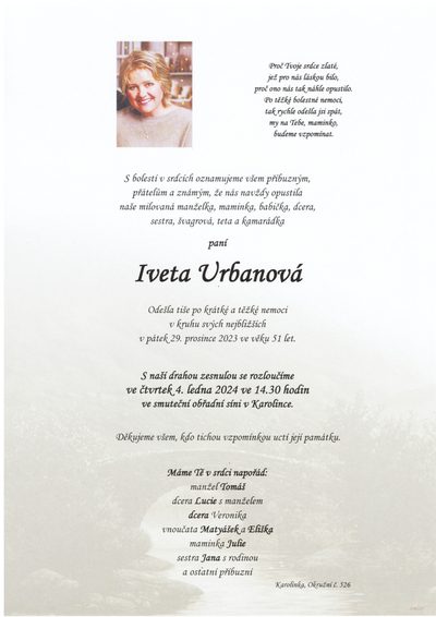 Smuteční oznámení – Iveta Urbanová