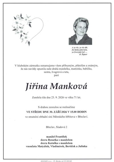 Smuteční oznámení – J Mankova