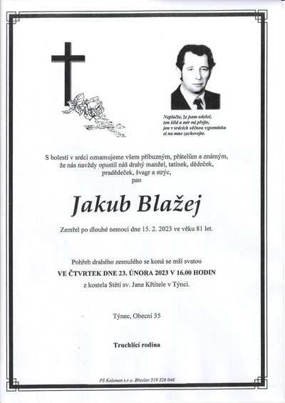 Smuteční oznámení – Jakub Blažej