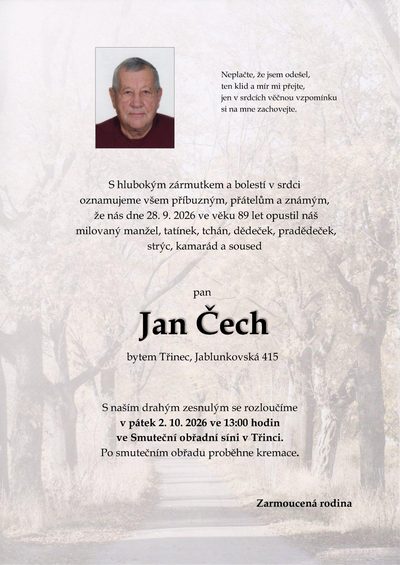 Smuteční oznámení – Jan Čech