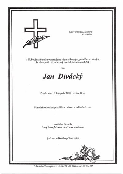 Smuteční oznámení – Jan Divácký