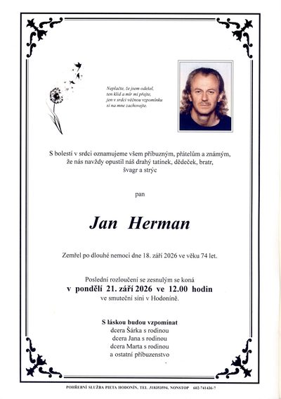 Smuteční oznámení – Jan Herman