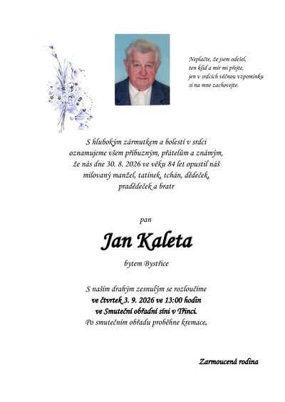 Smuteční oznámení – Jan Kaleta