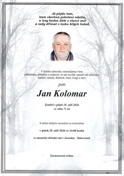 Smuteční oznámení – Jan Kolomar