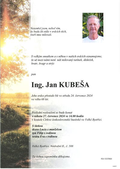 Smuteční oznámení – Ing. Jan Kubeša