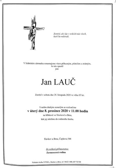 Smuteční oznámení – Jan Lauč