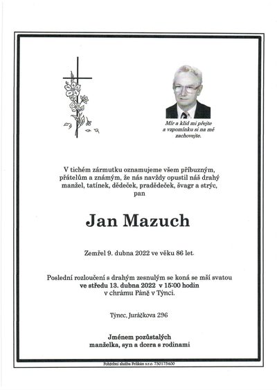 Smuteční oznámení – Jan Mazuch