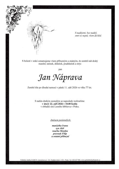 Smuteční oznámení – Jan Náprava