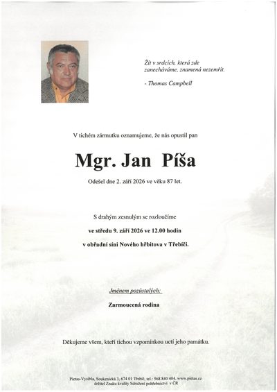Smuteční oznámení – Mgr. Jan Píša
