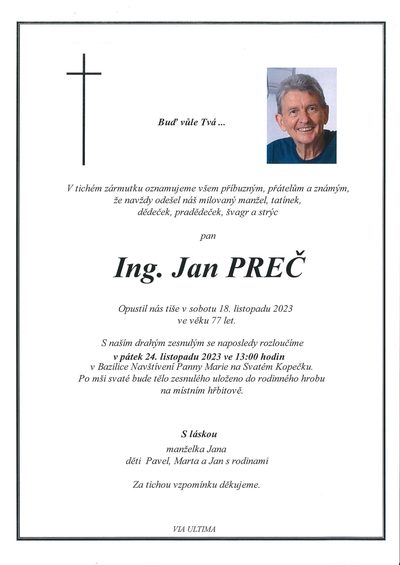 Smuteční oznámení – Ing. Jan Preč