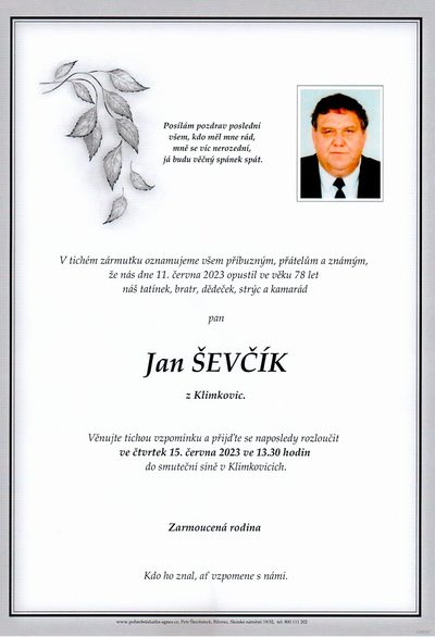 Smuteční oznámení – Jan Ševčík