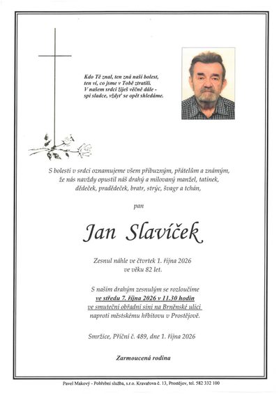 Smuteční oznámení – Jan Slavíček