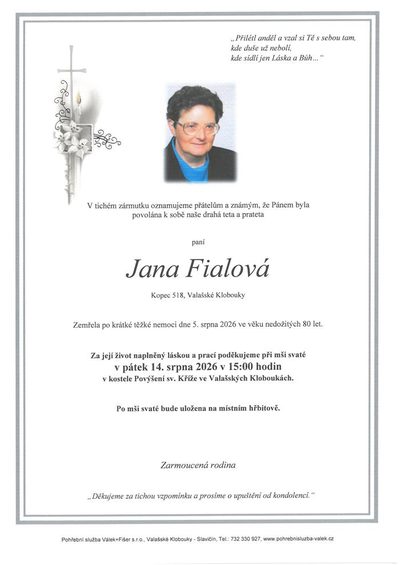 Smuteční oznámení – Jana Fialová