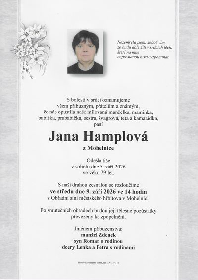 Smuteční oznámení – Jana Hamplová