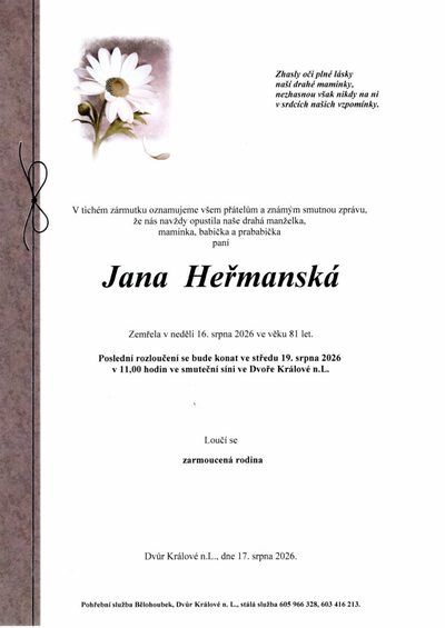 Smuteční oznámení – Jana Hermanska