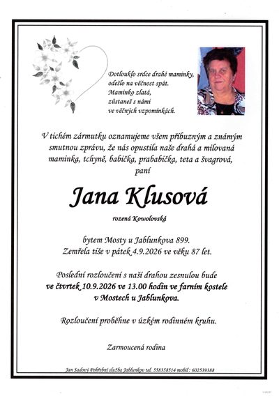 Smuteční oznámení – Jana Klusová