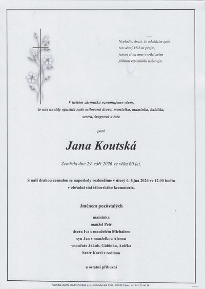 Smuteční oznámení – Jana Koutská