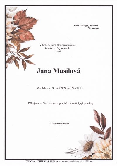 Smuteční oznámení – Jana Musilová