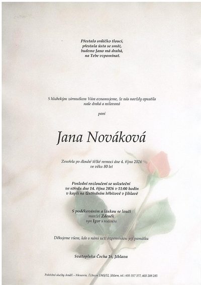Smuteční oznámení – Jana Nováková