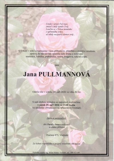 Smuteční oznámení – Jana Pullmannová