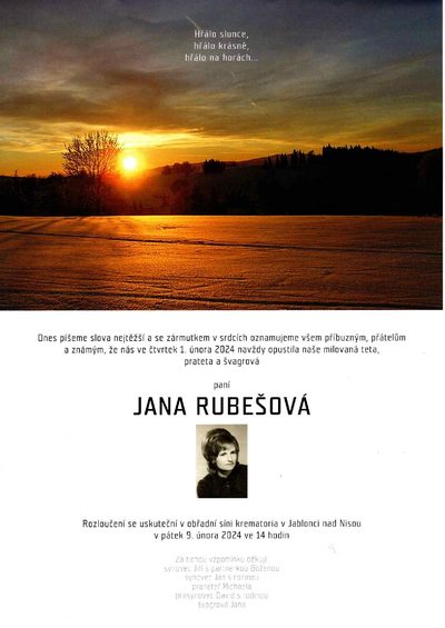 Smuteční oznámení – Jana Rubešová